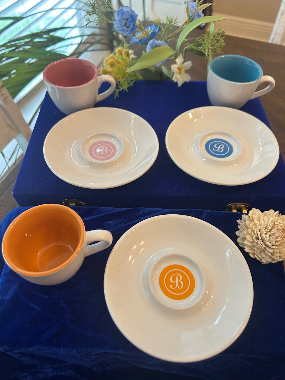 Monogrammed Ceramic Espresso Cup & Saucer Set with Pink, Blue, Orange Interiors😃